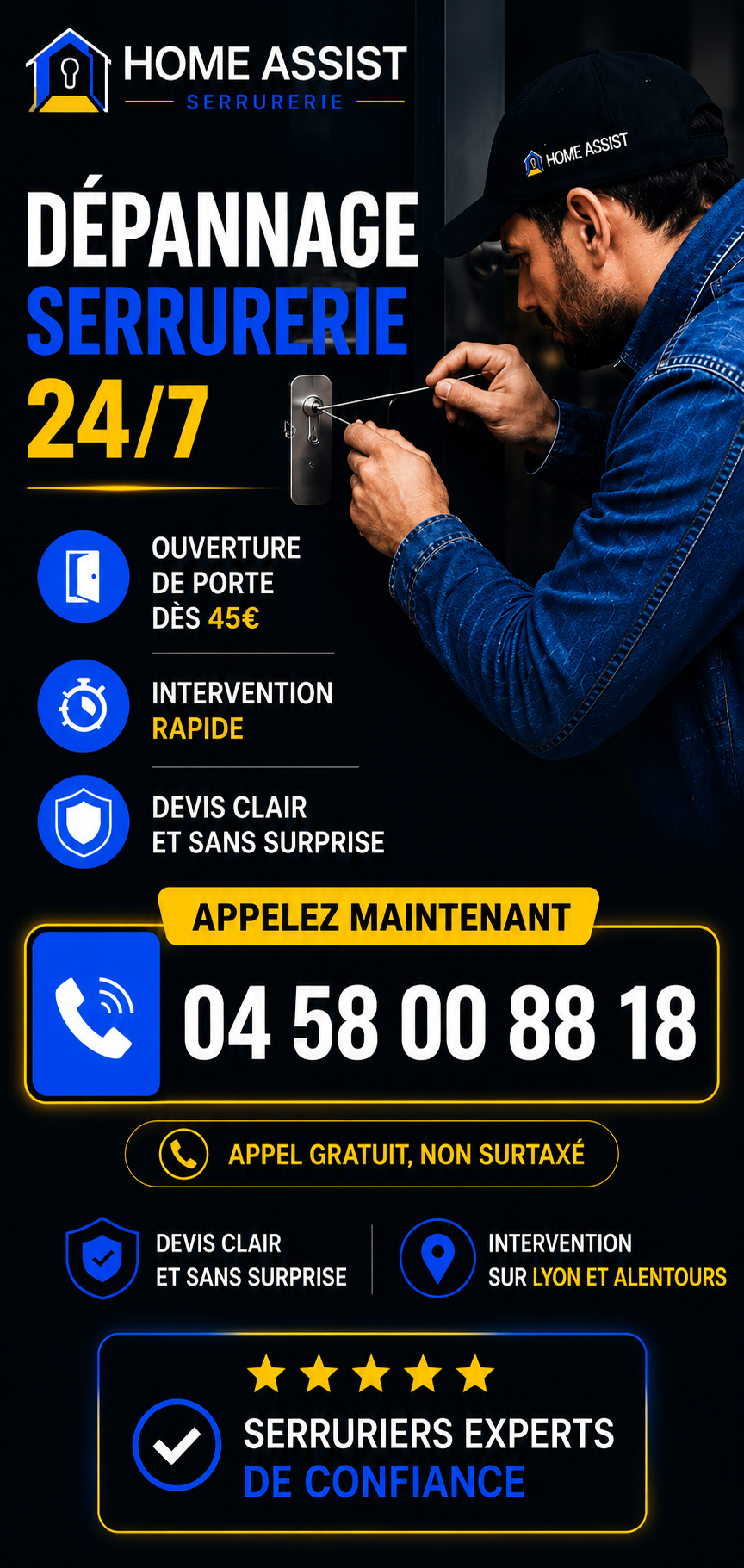 Dépannage serrurerie 24/7 Home Assist - appel gratuit non surtaxé
